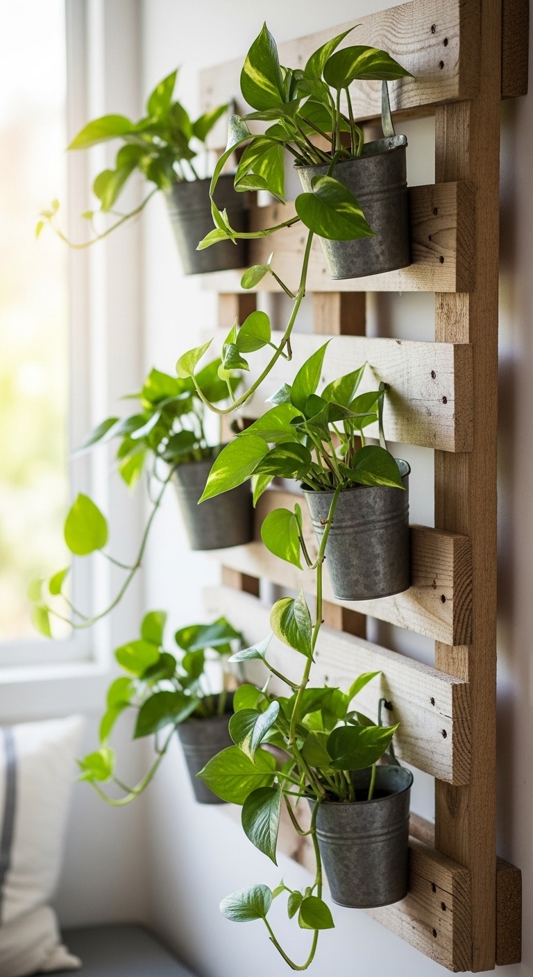 Vertical wooden pallet board with small planters holding trailing pothos plants cascading down each level.