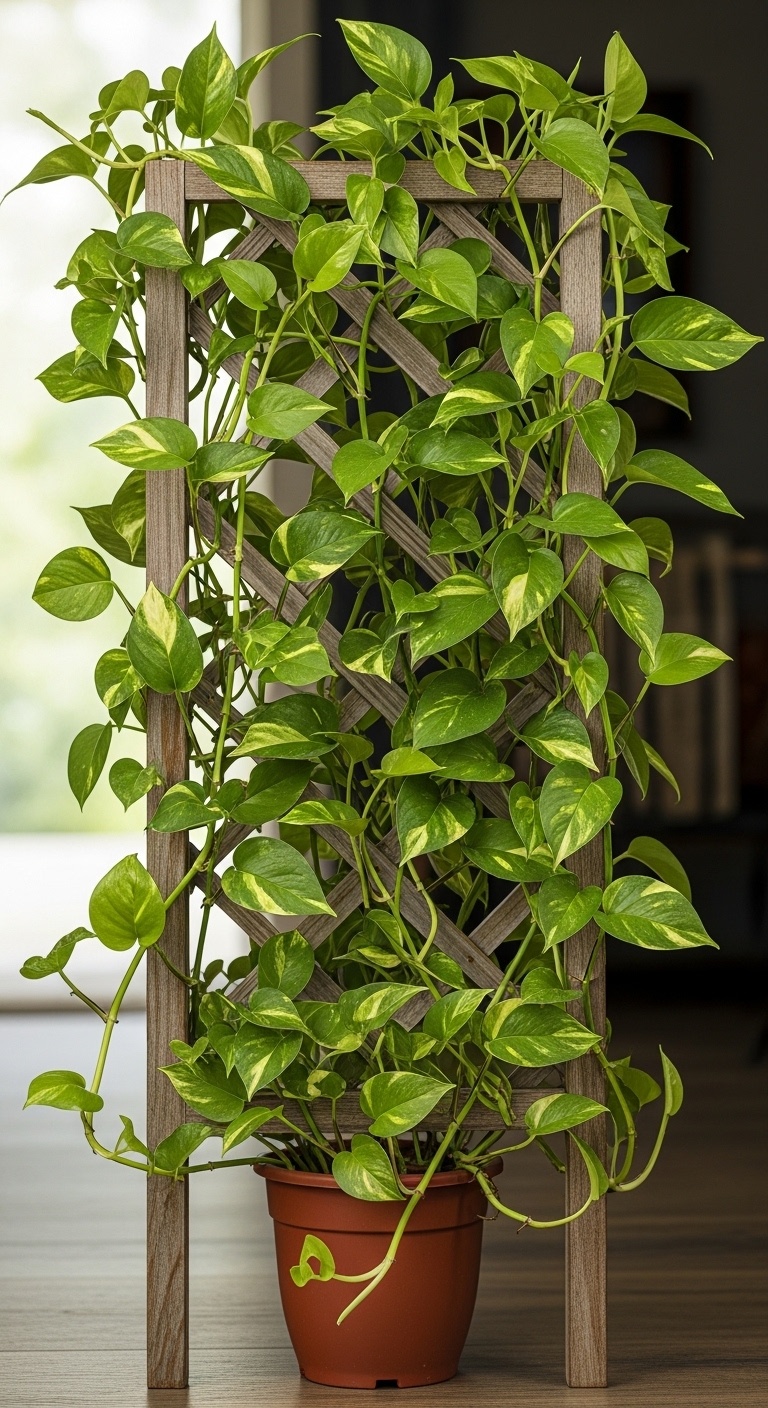 A wooden trellis with green pothos vines climbing and covering it.