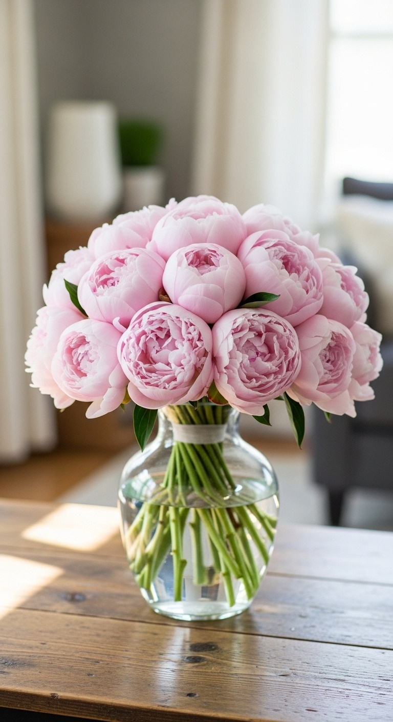 A dome-shaped bouquet of single color pastel-pink colored peonies
