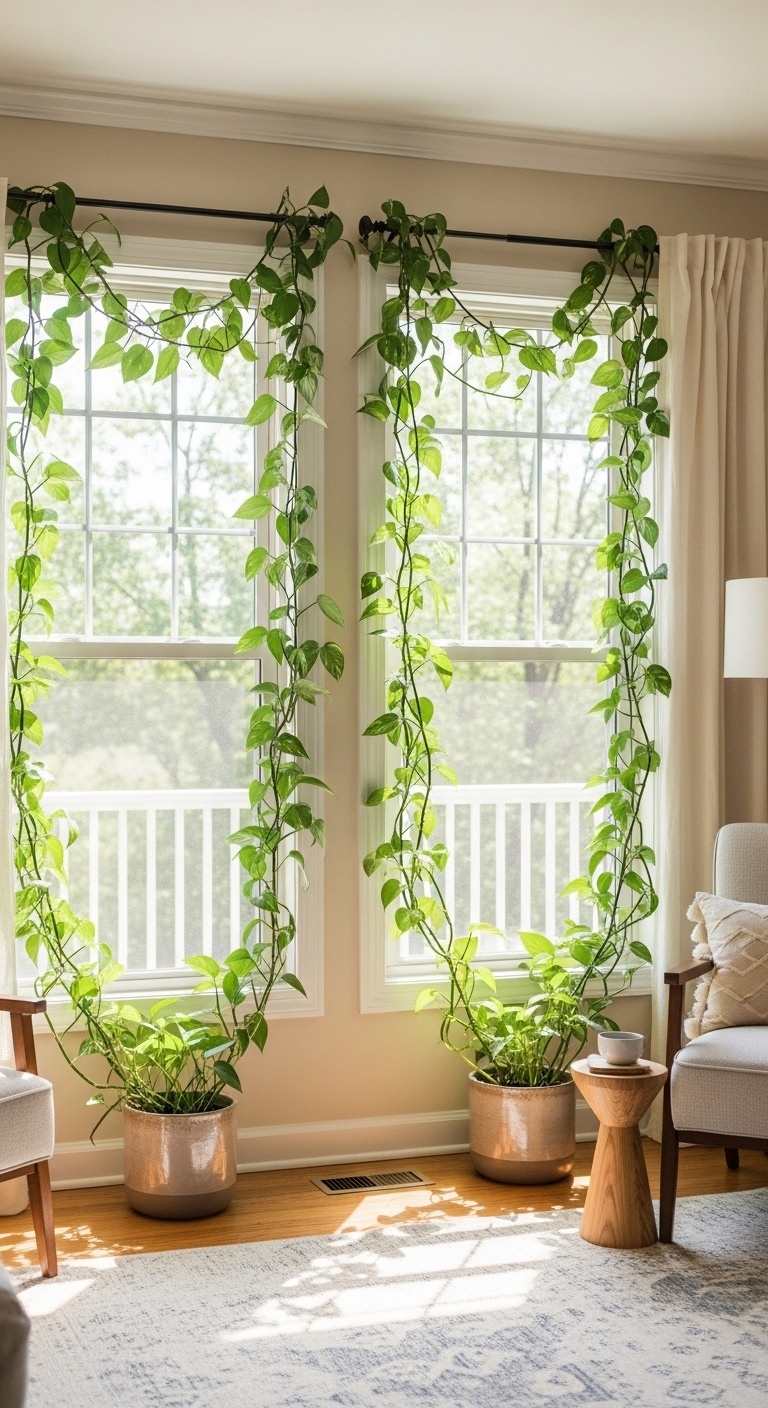 Train your pothos along curtain rods for green accents with every window glance