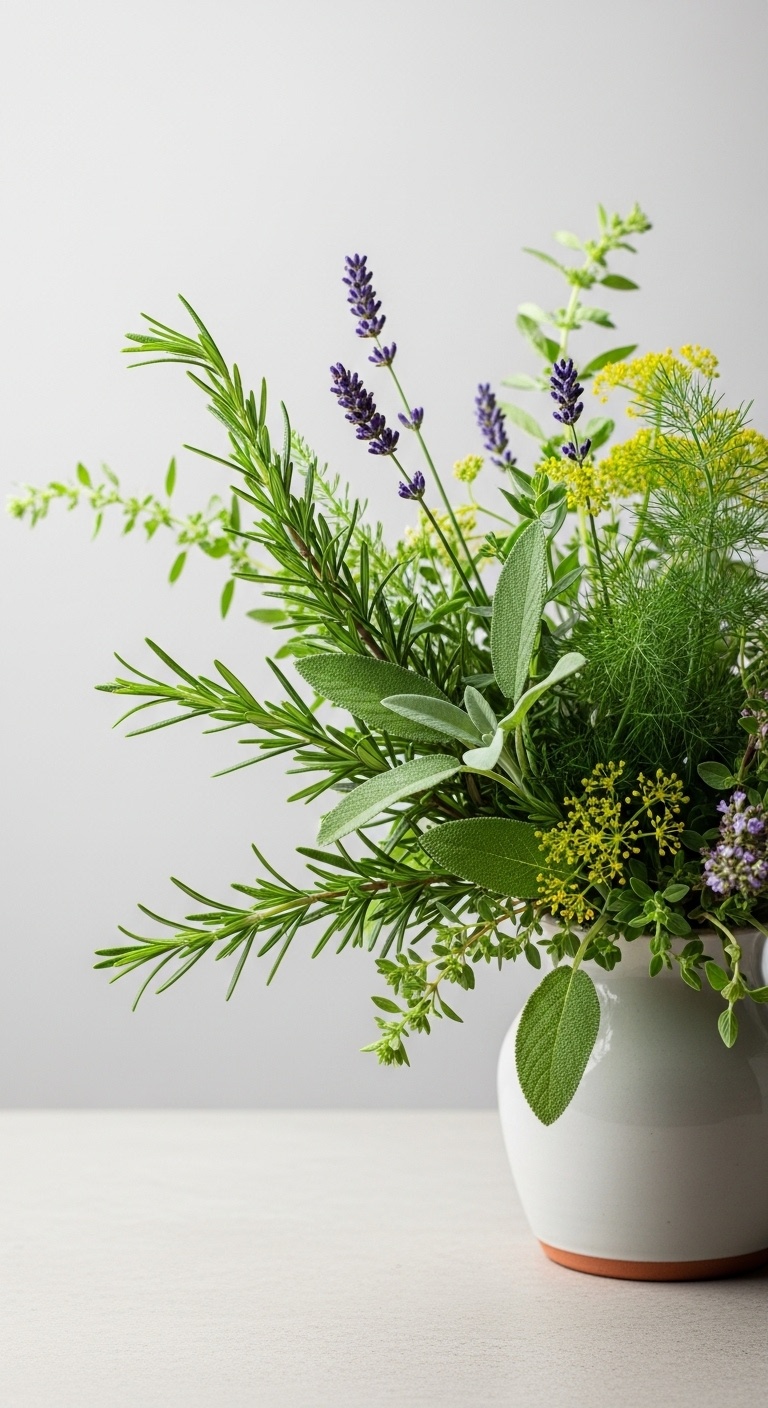 A fresh herbal bouquet featuring rosemary and sage arranged together with other herbs on a neutral background.