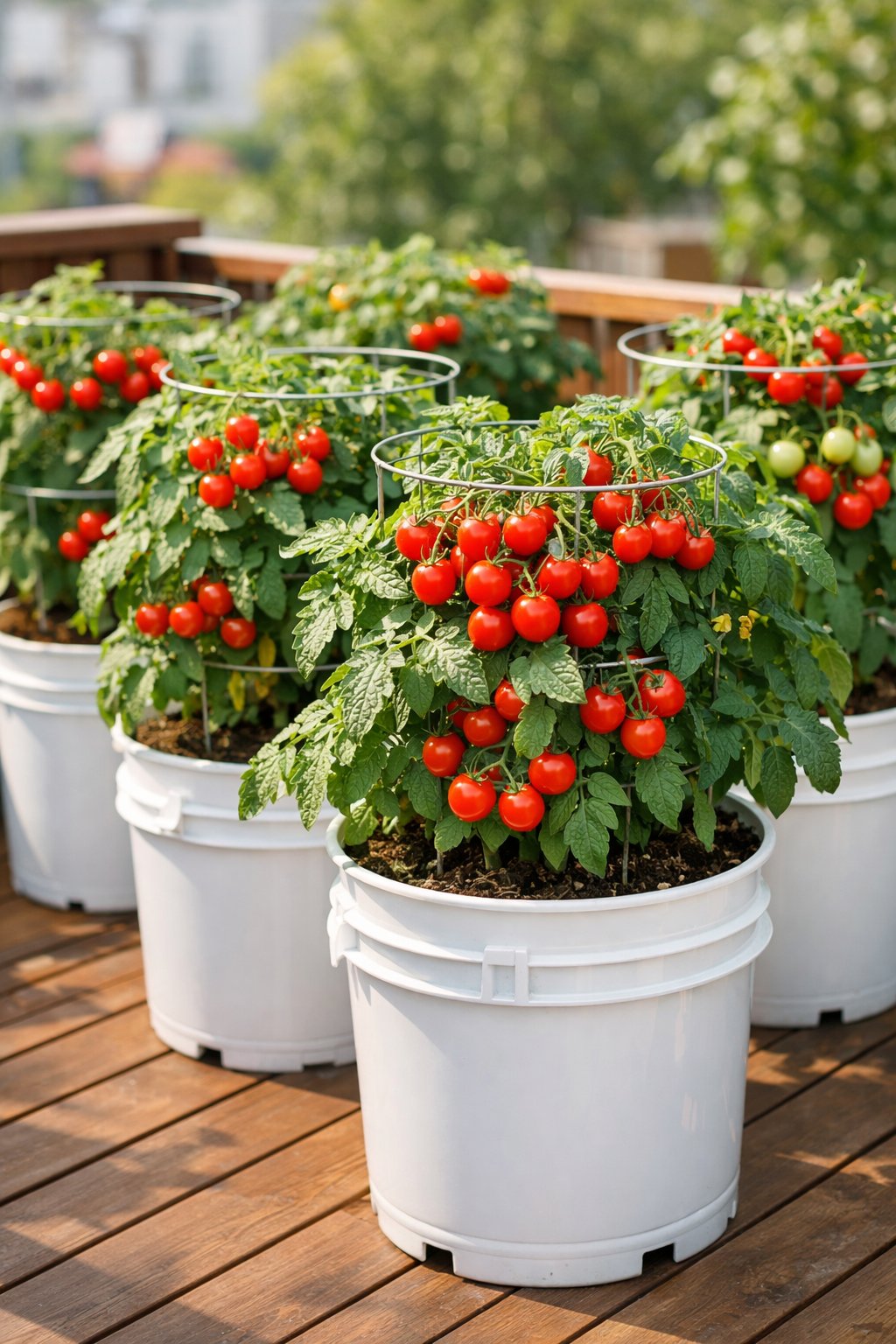 Cherry tomato plants with ripe red tomatoes growing in 5-gallon buckets on a wooden deck in a small garden.