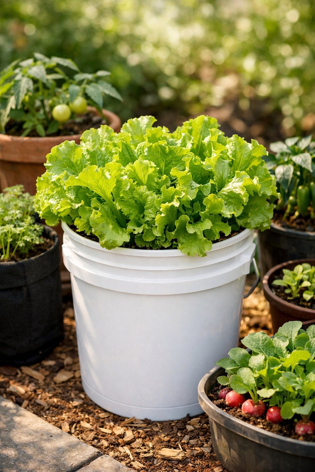 Fresh green lettuce growing in a 5-gallon bucket surrounded by other vegetable containers in a small garden.