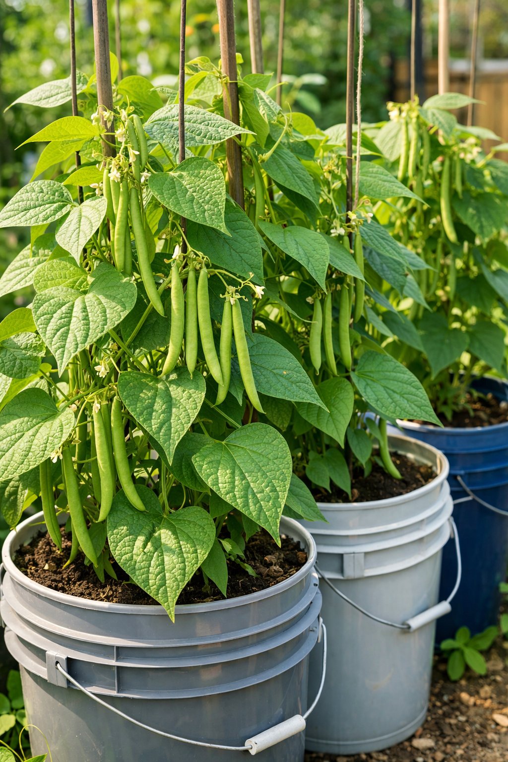 Green bean plants growing vigorously in 5-gallon buckets in a compact garden.