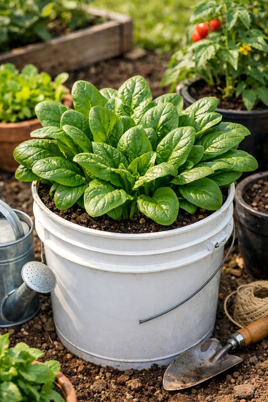 Fresh green spinach plants growing in a 5-gallon bucket in a small outdoor garden surrounded by gardening tools and other containers.