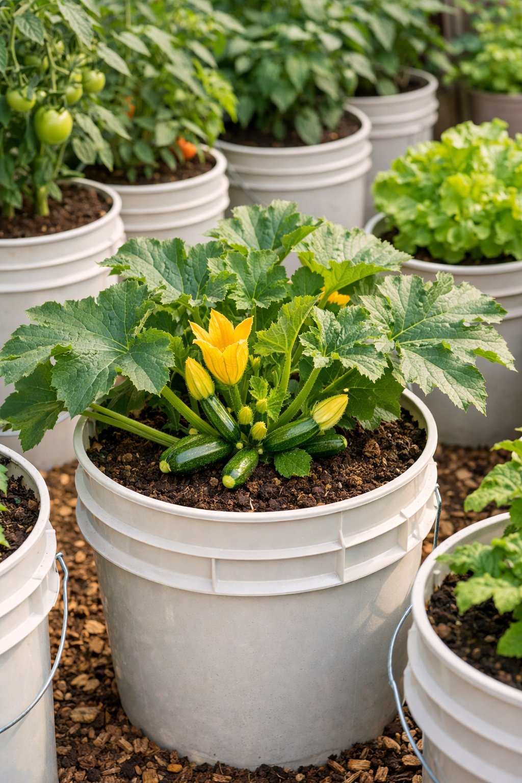 Zucchini plants growing healthily in 5-gallon buckets in a compact garden setting with other vegetables visible in similar containers.