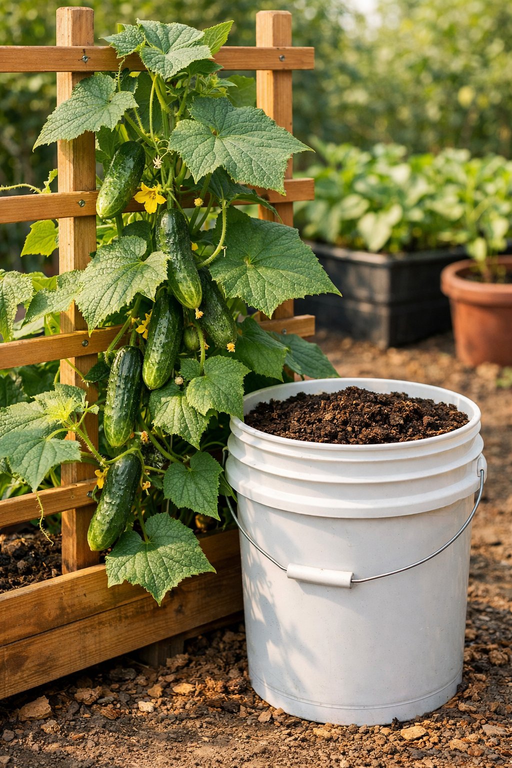 Cucumber vines growing on a trellis next to a 5-gallon bucket used as a planter in a small garden.