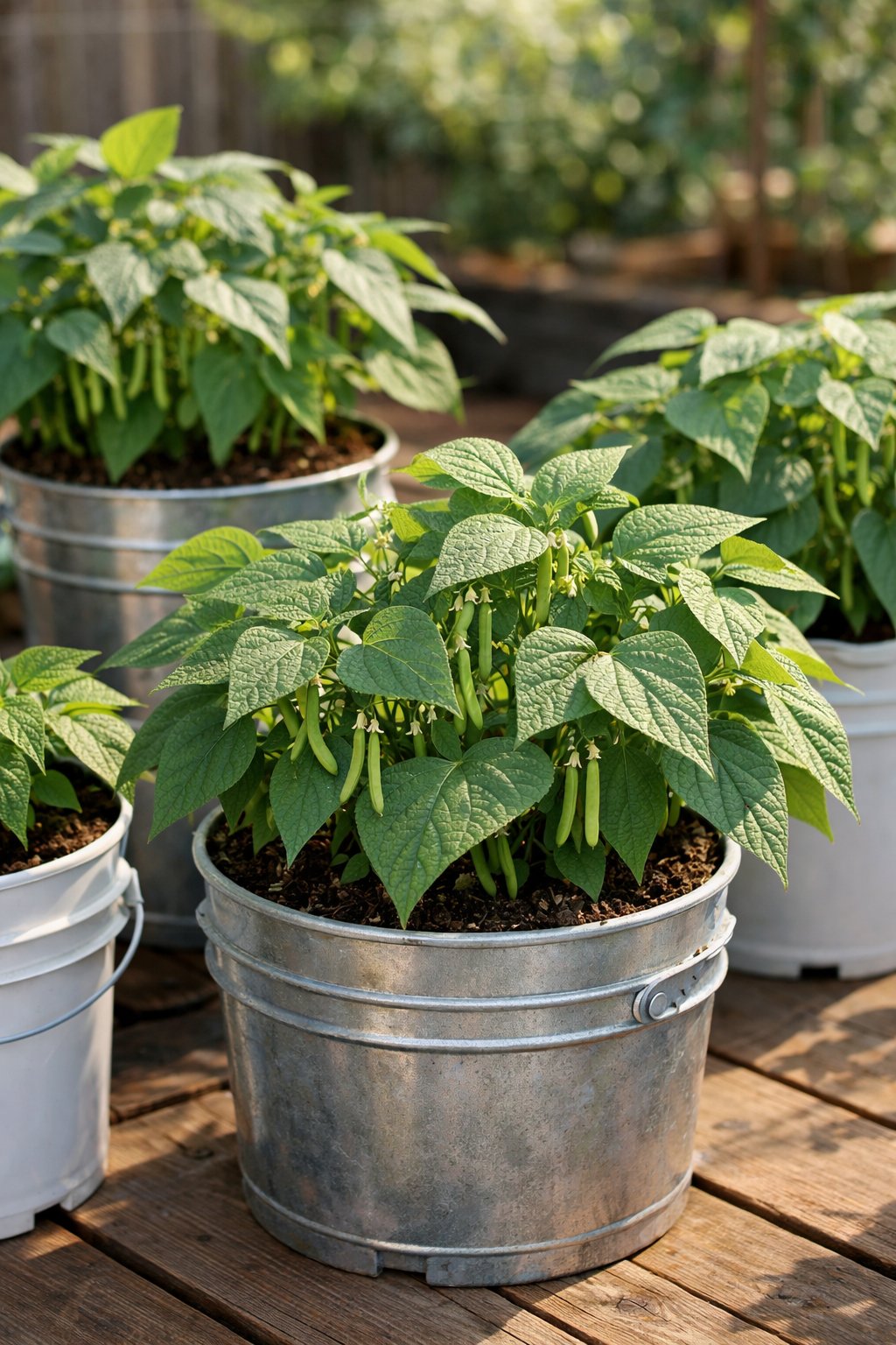 Green bush bean plants growing in small 5-gallon buckets arranged outdoors on a wooden surface.