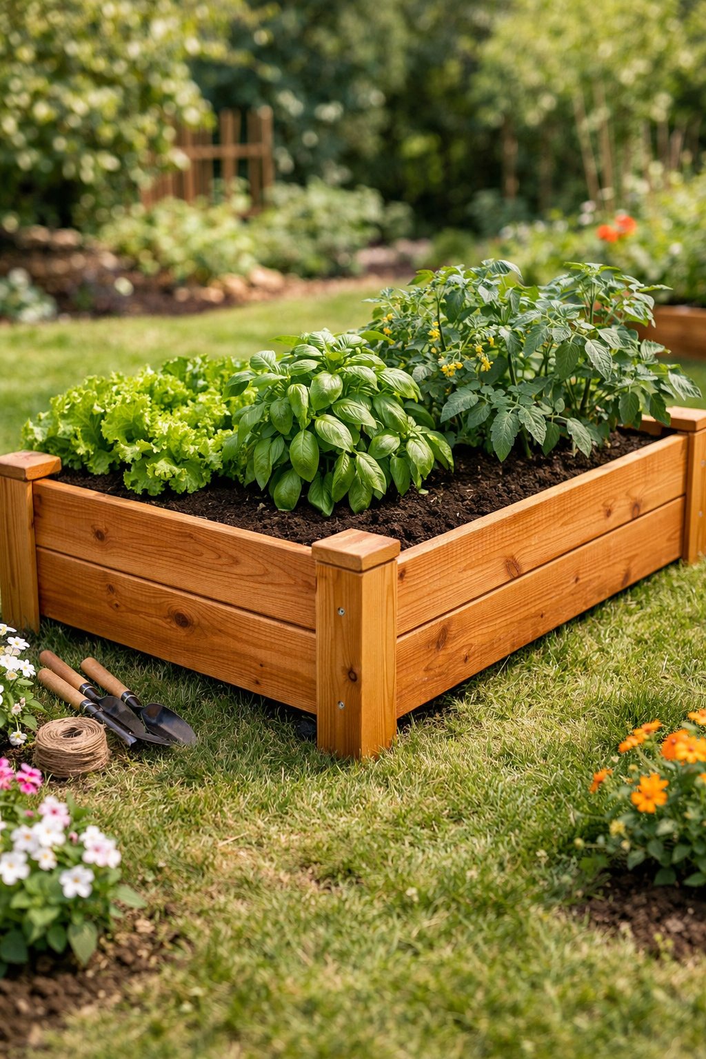 A wooden raised garden bed filled with soil and green plants in a backyard garden.