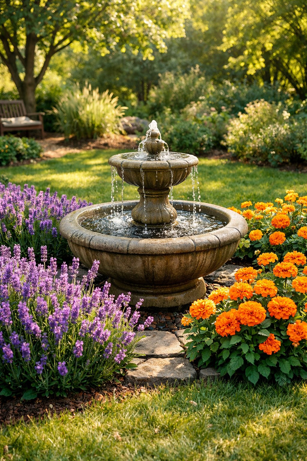 A backyard garden with blooming lavender, marigolds, and a small water fountain surrounded by green grass.