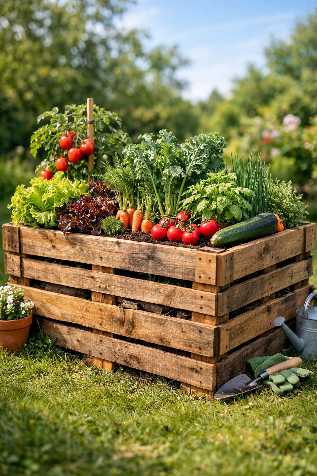 A raised garden bed made from recycled wooden pallets filled with various plants and vegetables in a backyard garden.