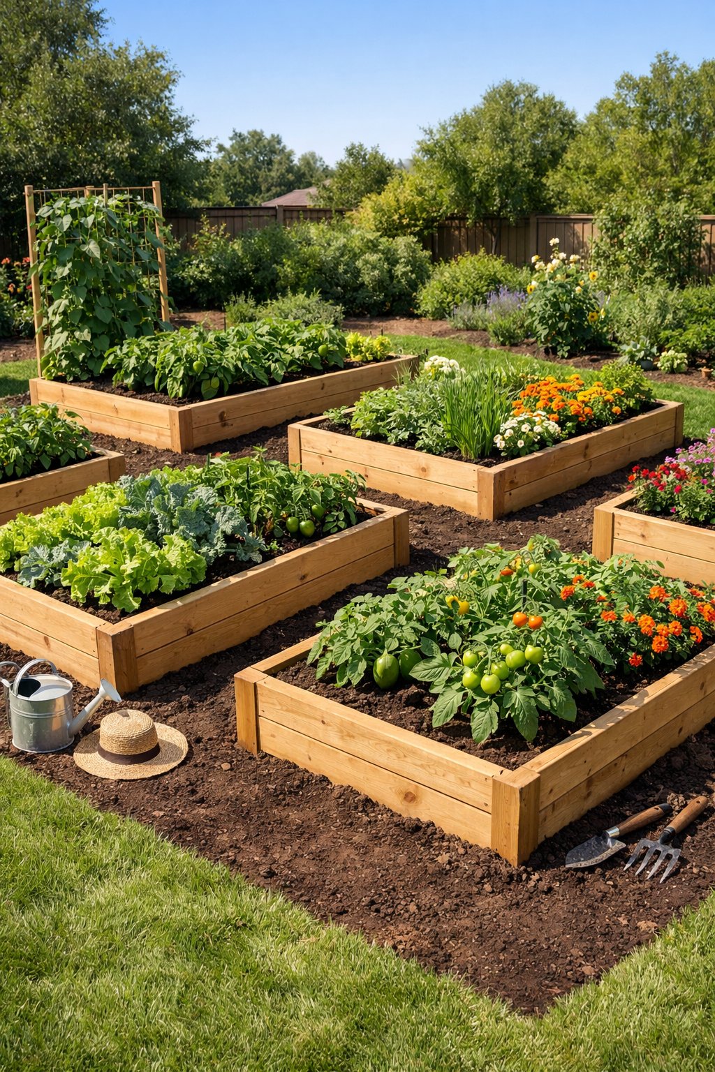 Backyard garden with organized raised wooden garden beds filled with plants and flowers under sunlight.
