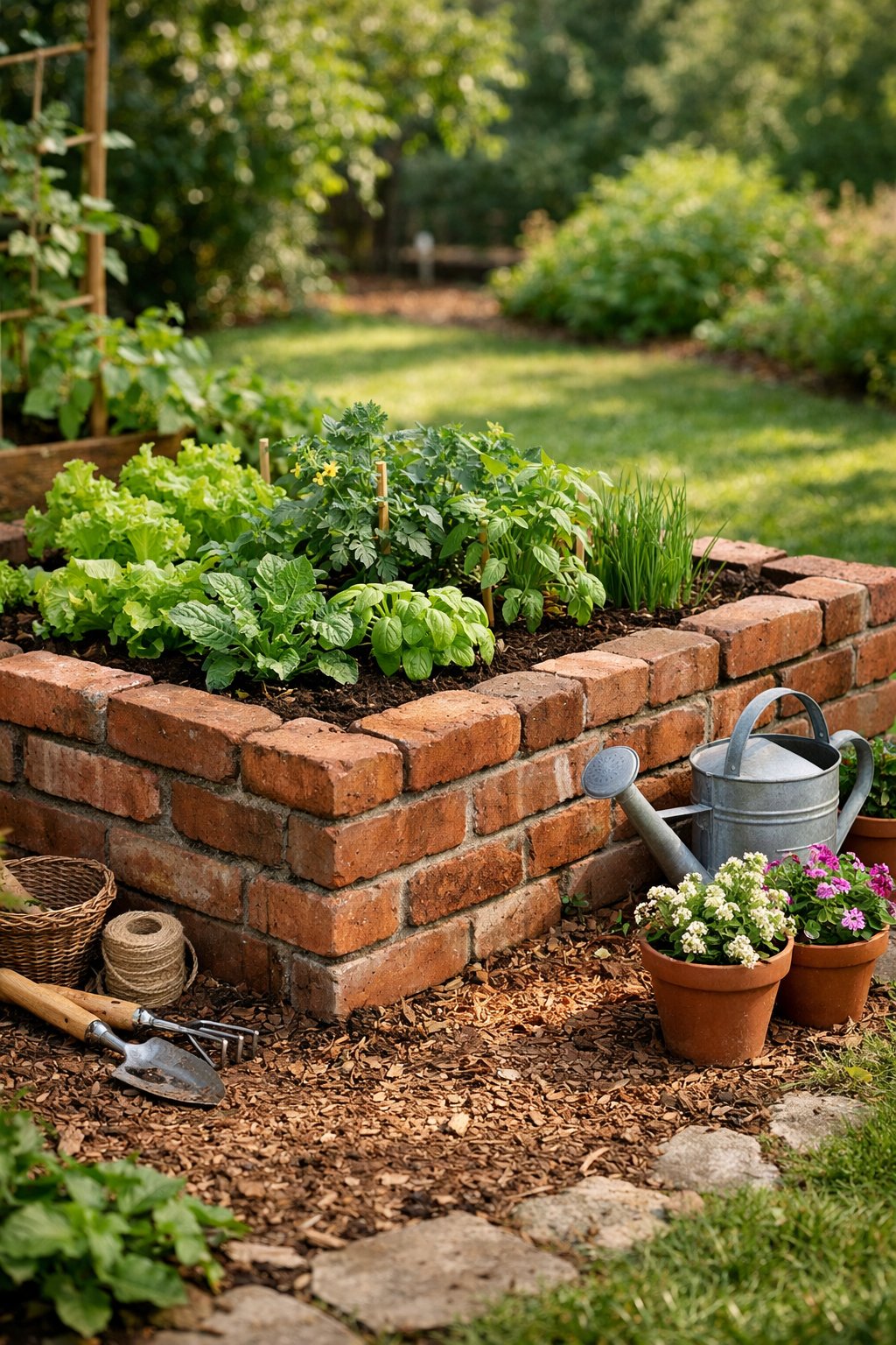 A brick-bordered raised garden bed filled with green plants in a backyard garden.