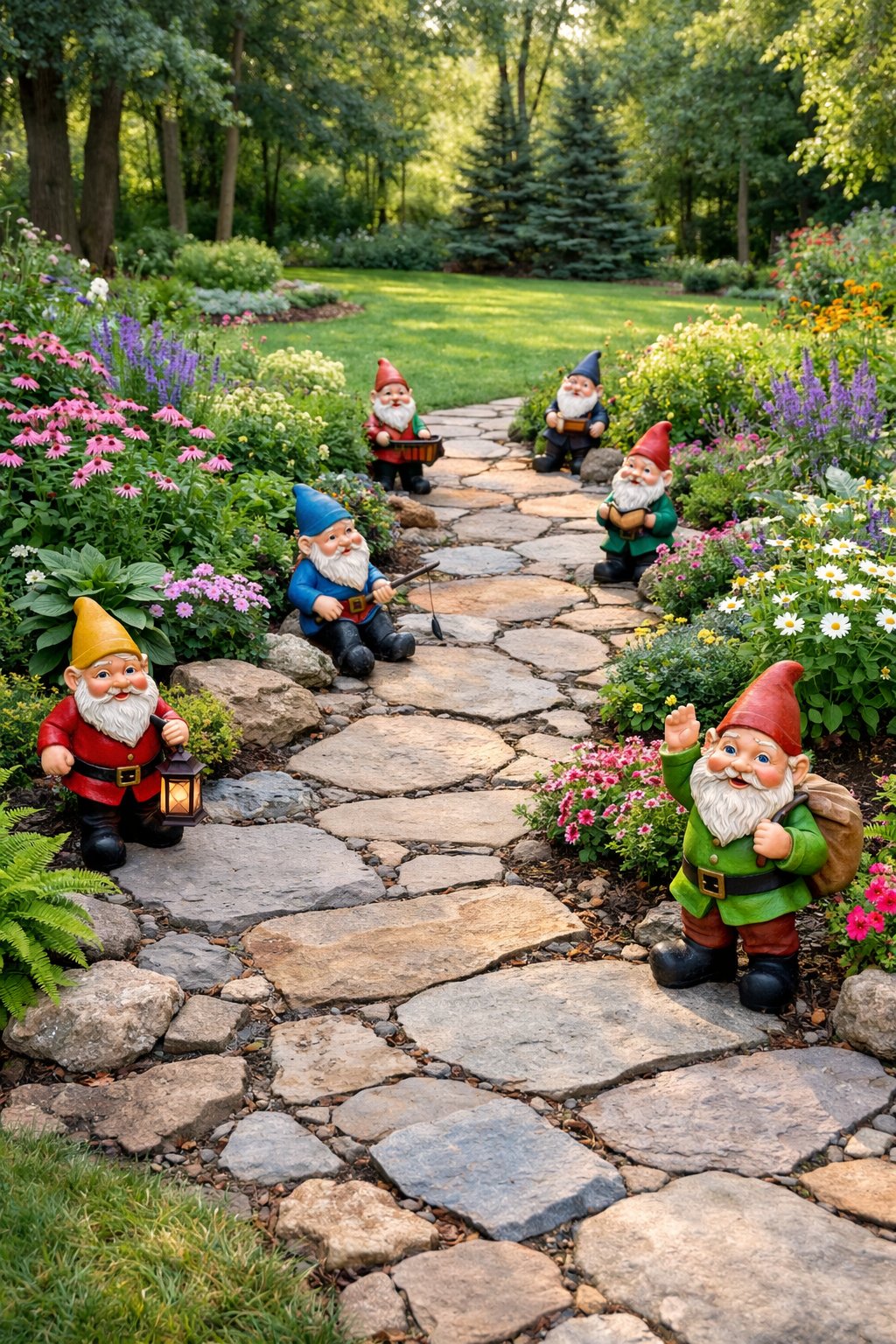 A backyard garden with a rustic stone path surrounded by green plants and flowers, featuring garden gnomes placed along the path.