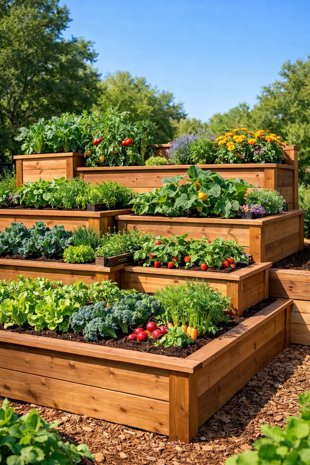 A backyard with multiple tiered raised garden beds filled with various healthy plants and vegetables.