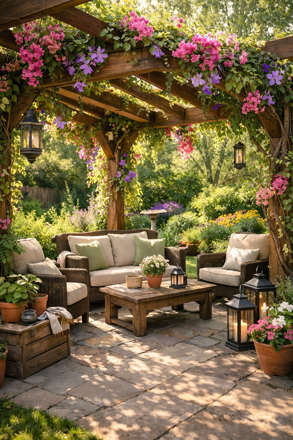 Backyard garden with a wooden pergola covered in flowering vines, surrounded by plants and outdoor seating.