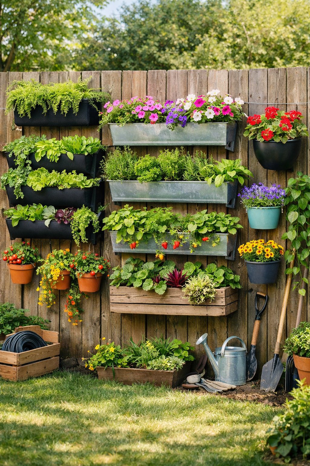 A backyard fence covered with a vertical garden of green plants and colorful flowers in pots.