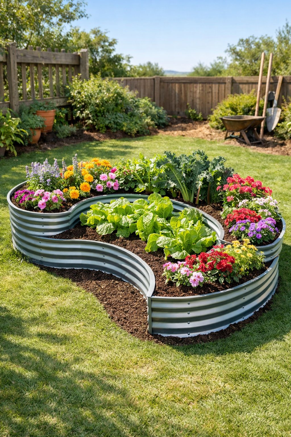 A half-moon shaped raised garden bed with curvy borders filled with various plants in a lush garden setting.