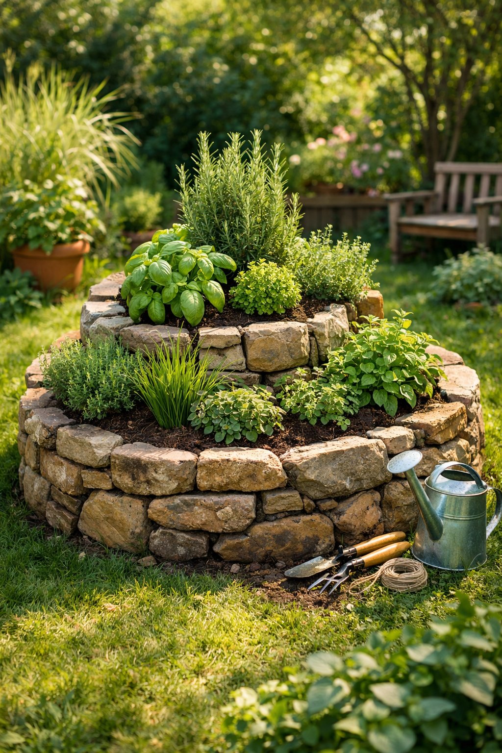 A spiral-shaped raised garden bed filled with various aromatic herbs in a backyard garden.