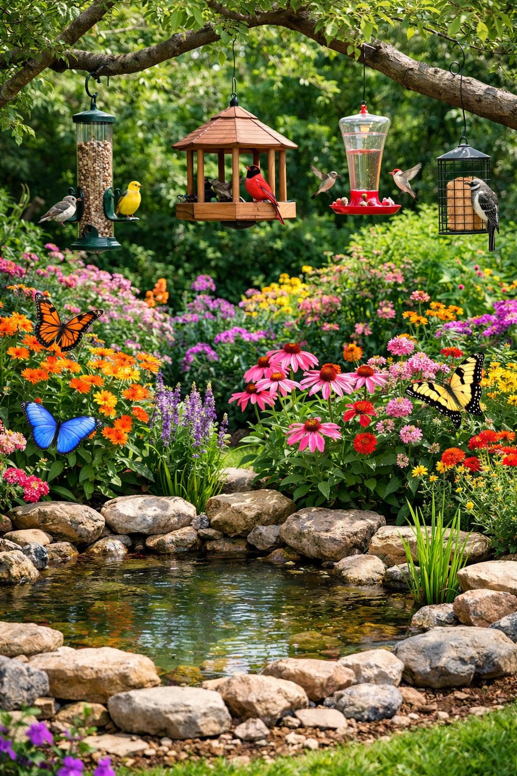 A backyard garden with colorful flowers, bird feeders, butterflies, and a small pond surrounded by plants.