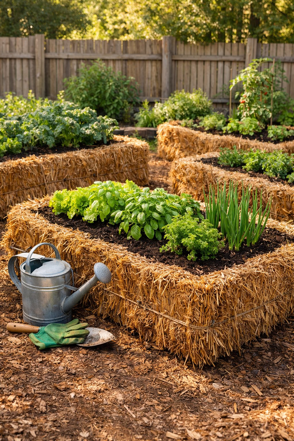 Straw bale raised garden beds filled with compost and growing green plants in a backyard garden.