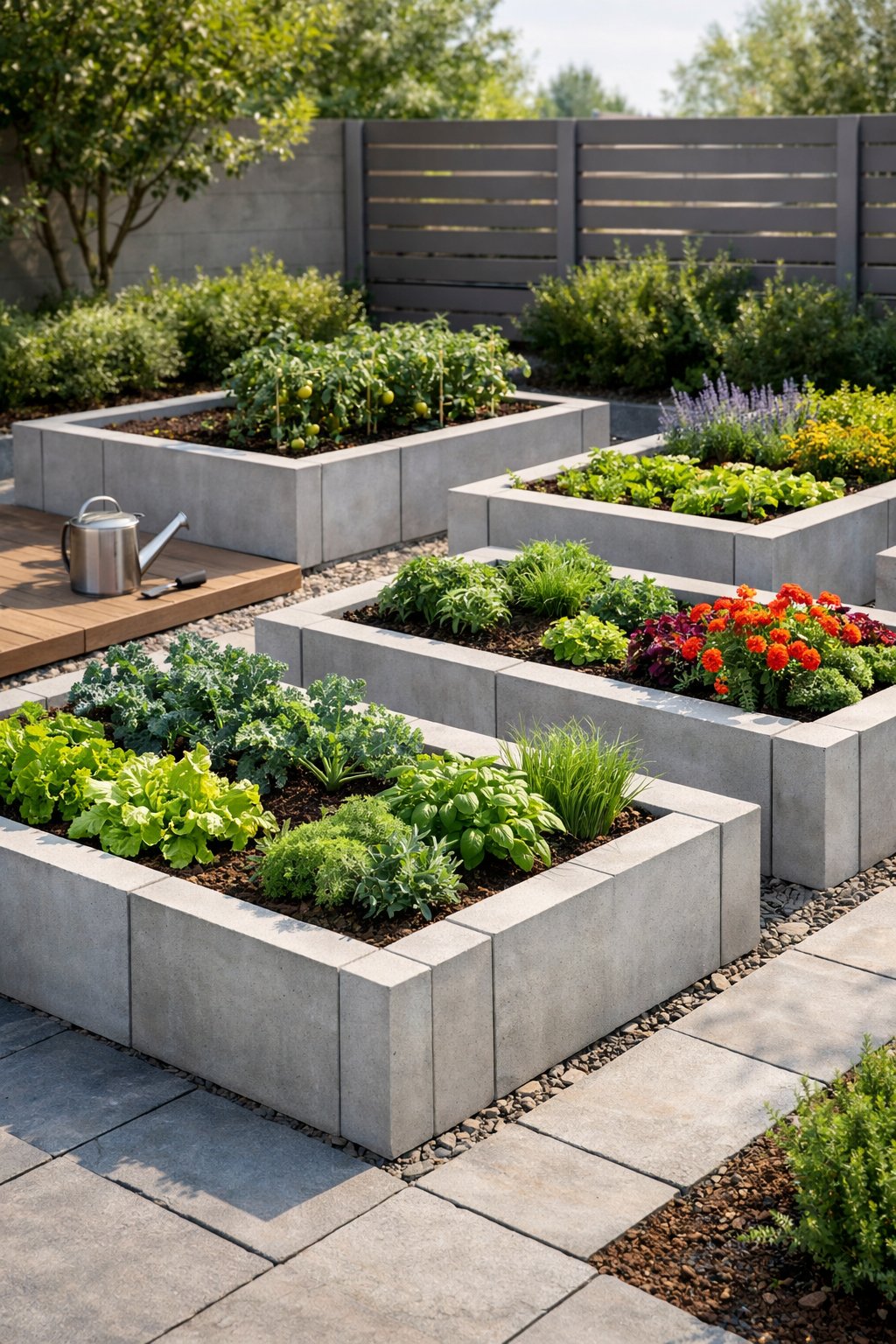 Outdoor garden with several concrete block raised beds filled with green plants and flowers, arranged neatly with clean pathways and a modern fence in the background.