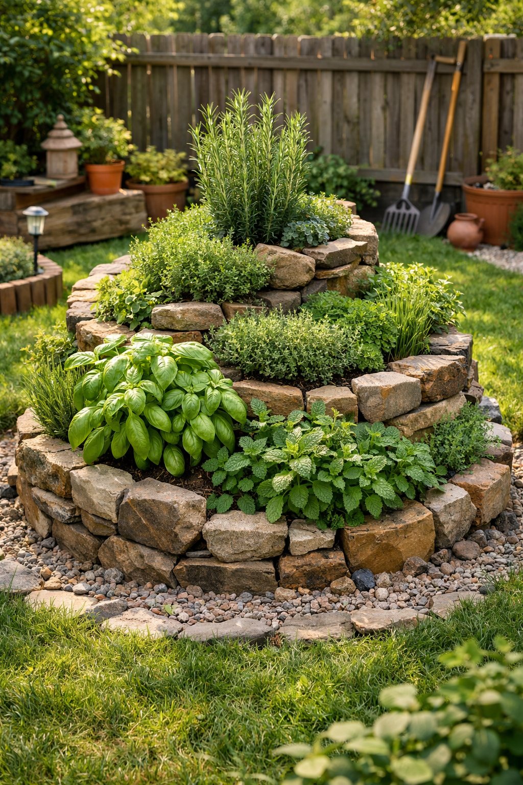 A compact spiral-shaped herb garden with various green herbs growing in a backyard surrounded by grass and garden plants.