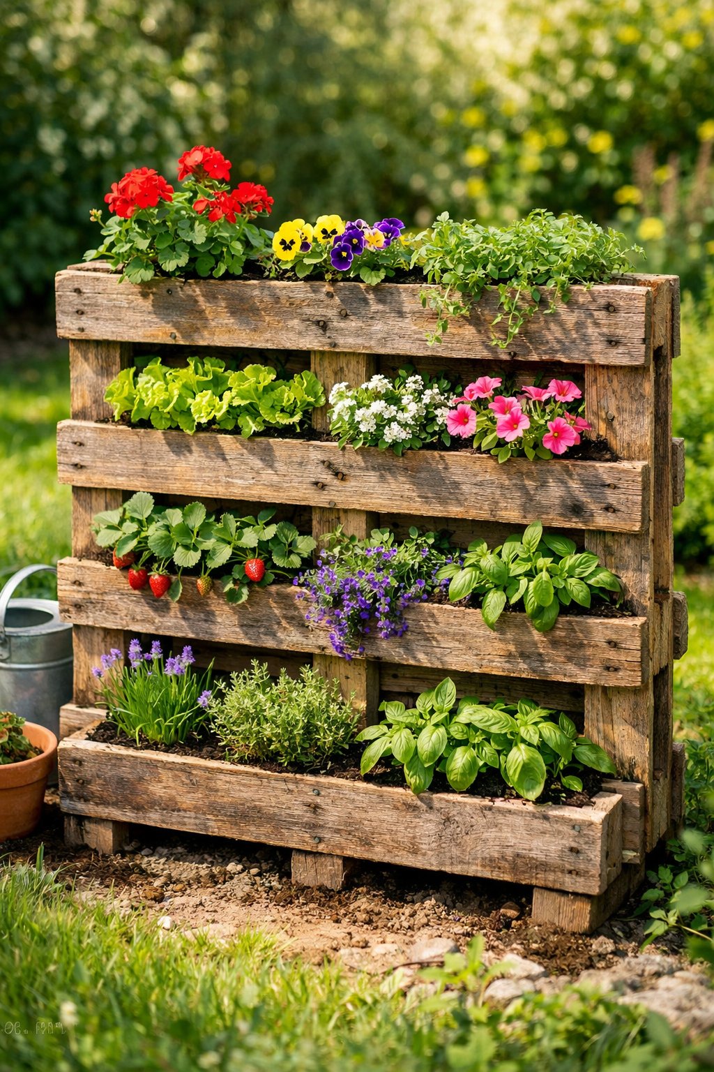A backyard garden with a wooden pallet repurposed as a planter filled with green plants and colorful flowers.