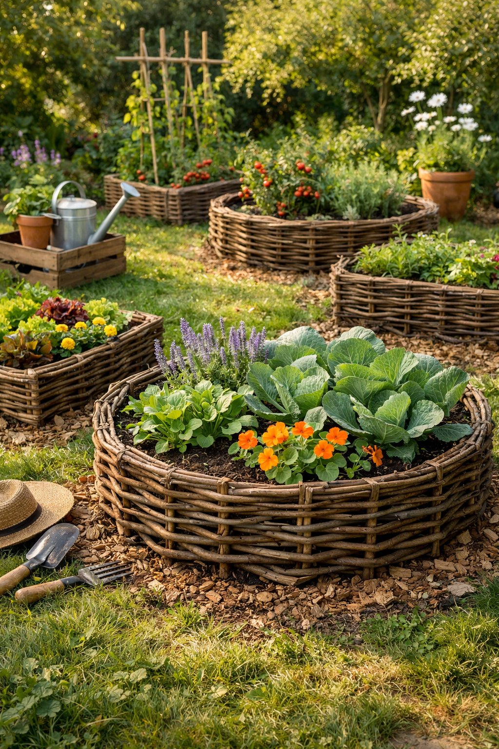 A backyard garden with several raised beds made from woven twigs, filled with plants and flowers under natural sunlight.