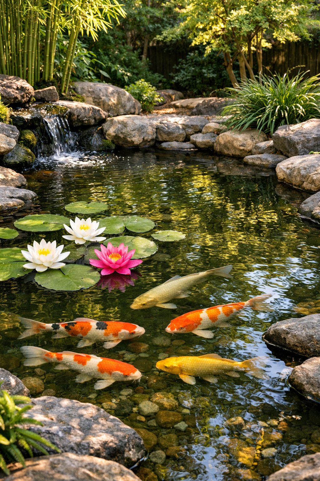A small backyard koi pond with colorful fish swimming beneath floating water lilies surrounded by green plants and stones.