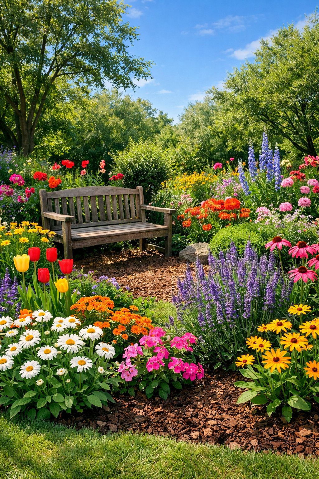 A backyard garden with a colorful mix of blooming flowers, green plants, a wooden bench, and trees under a clear sky.