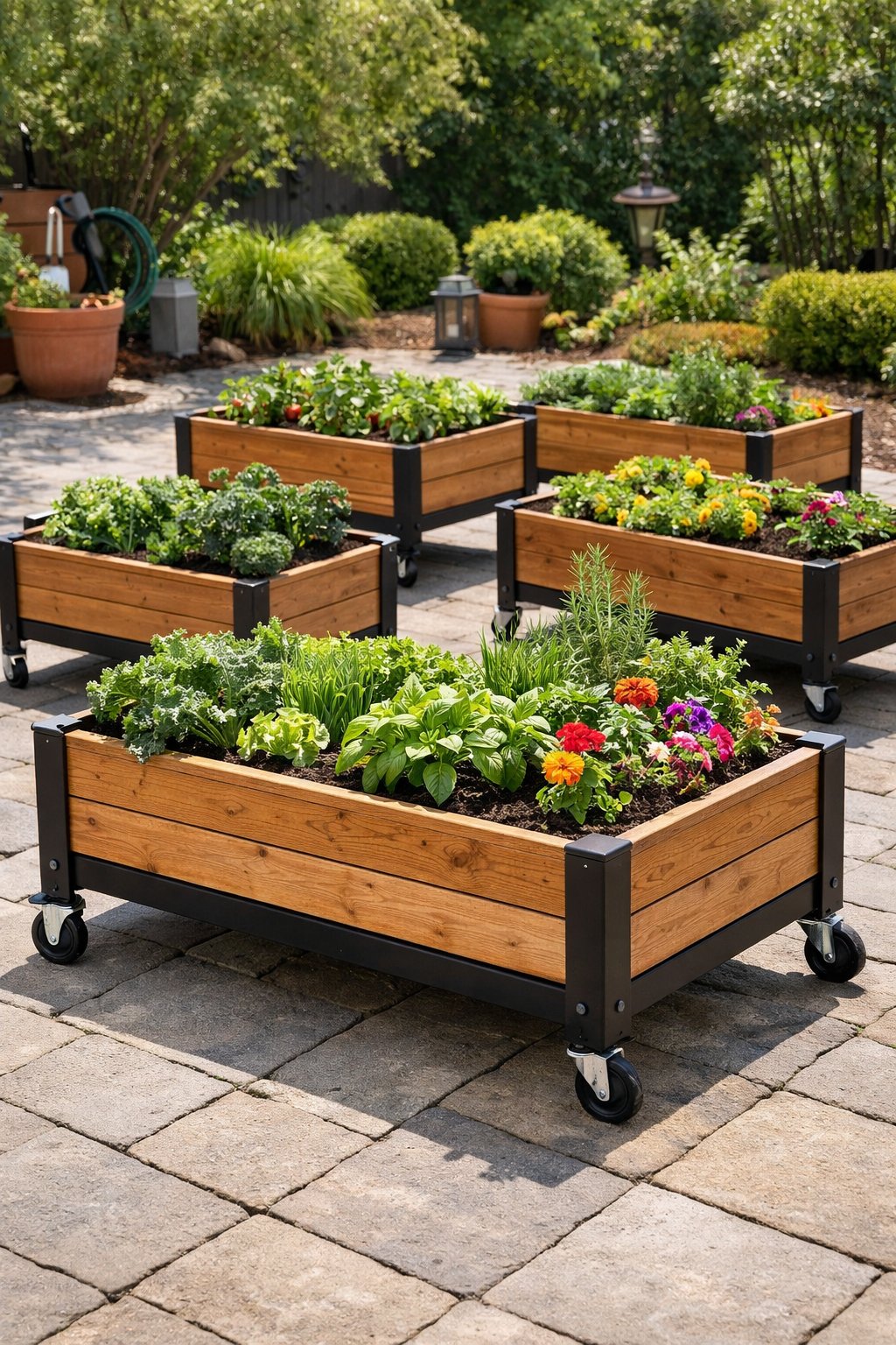 Several wooden raised garden beds on wheels filled with green plants and flowers on a paved backyard patio.