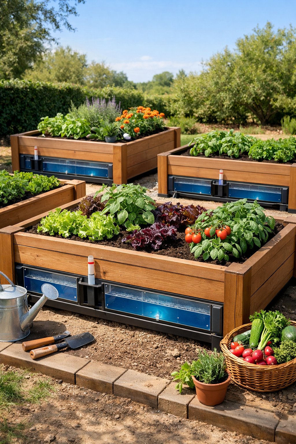 Several wooden raised garden beds with green plants and flowers outdoors, featuring built-in water reservoirs for self-watering.