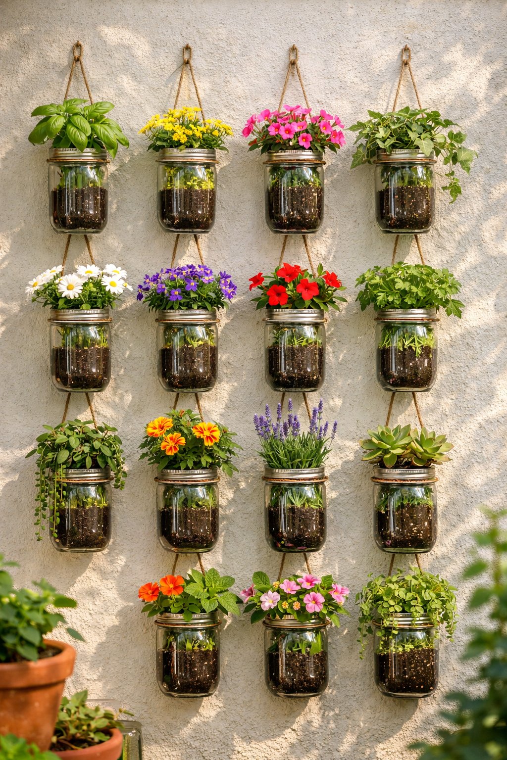 Mason jars hanging on a wall filled with green plants and flowers in a backyard garden.