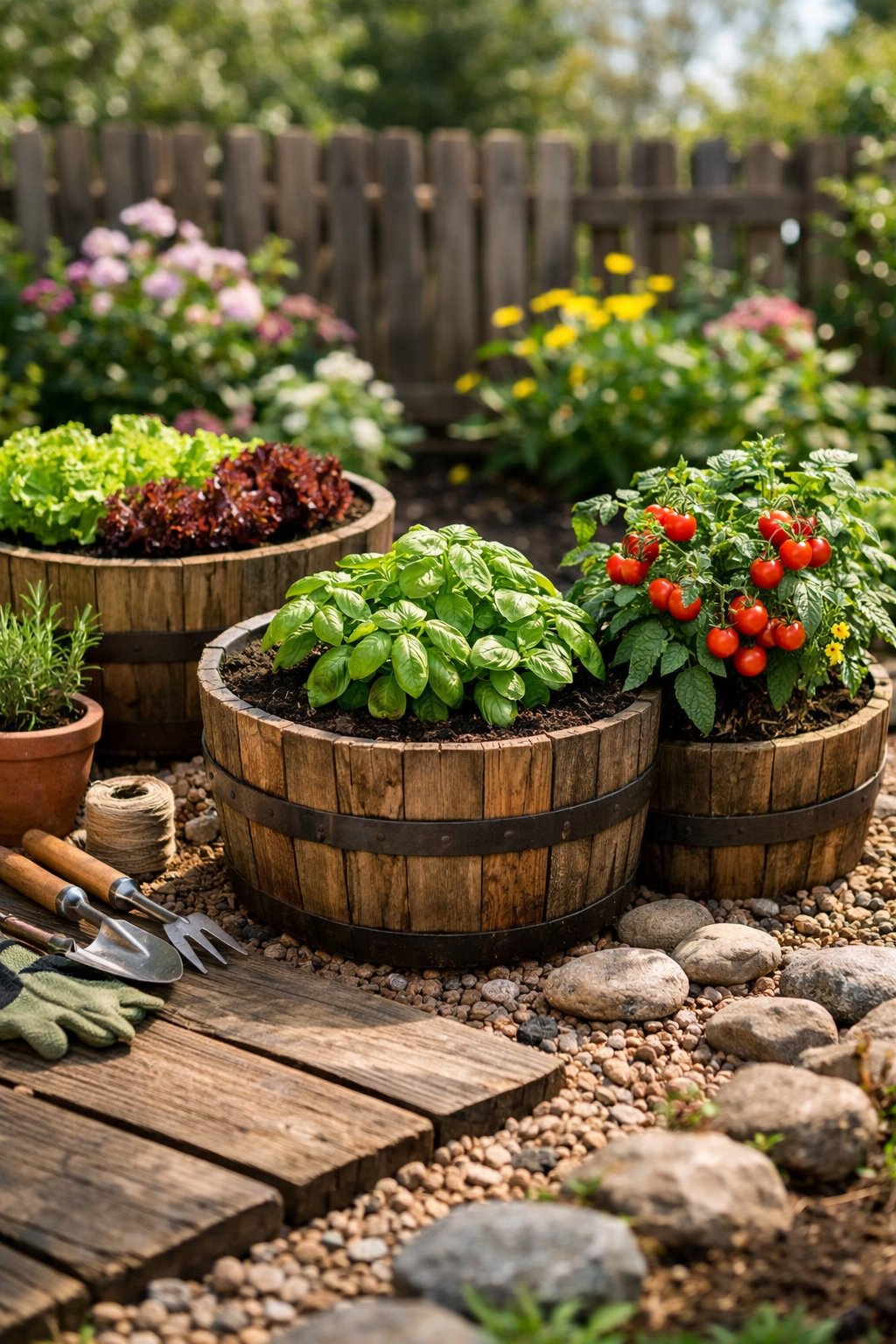 Outdoor garden with wooden half-barrel raised beds filled with small plants and herbs under natural sunlight.