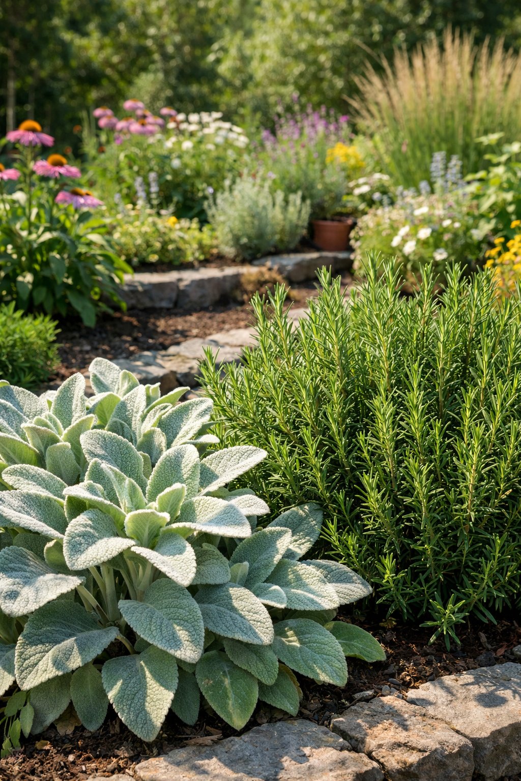 A backyard sensory garden with soft lamb's ear plants and fragrant rosemary bushes in a sunny garden bed.