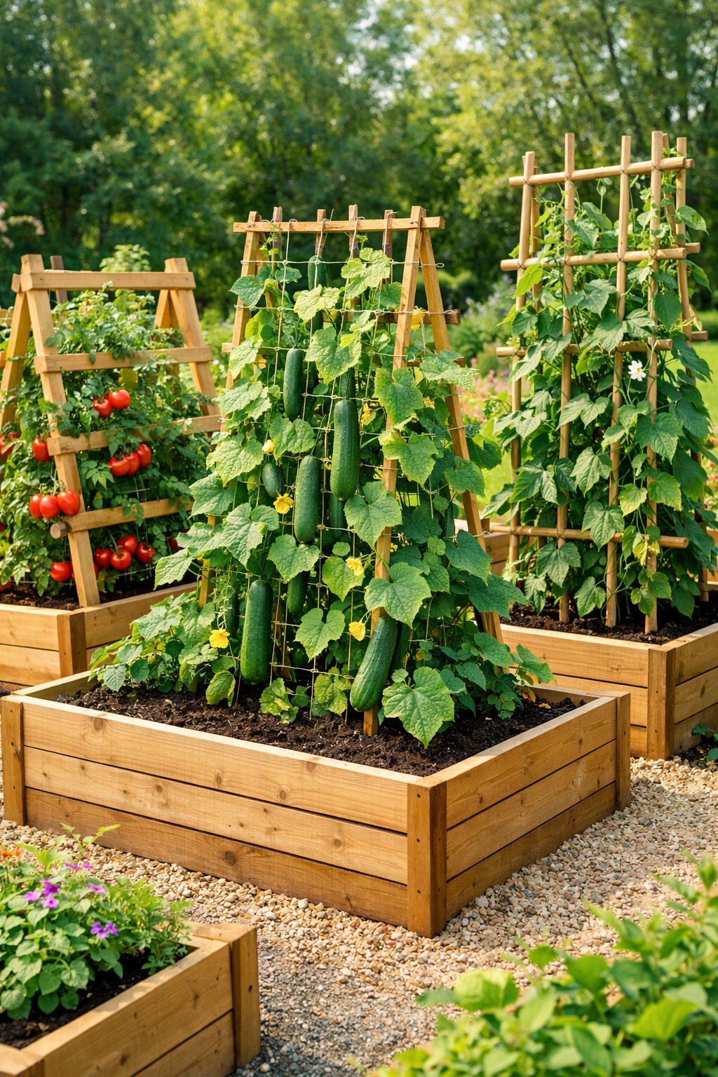 Multiple wooden raised garden beds with climbing vegetables growing on trellises in a sunny garden.