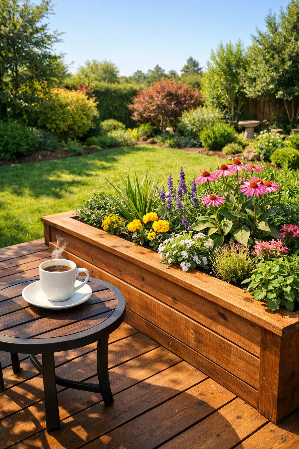 A backyard garden with a raised wooden deck featuring a built-in planter box full of plants and a cup of coffee on a table.