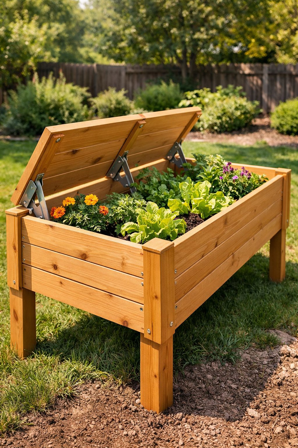 A raised wooden garden bed with adjustable angled panels filled with green plants and flowers in a backyard garden.