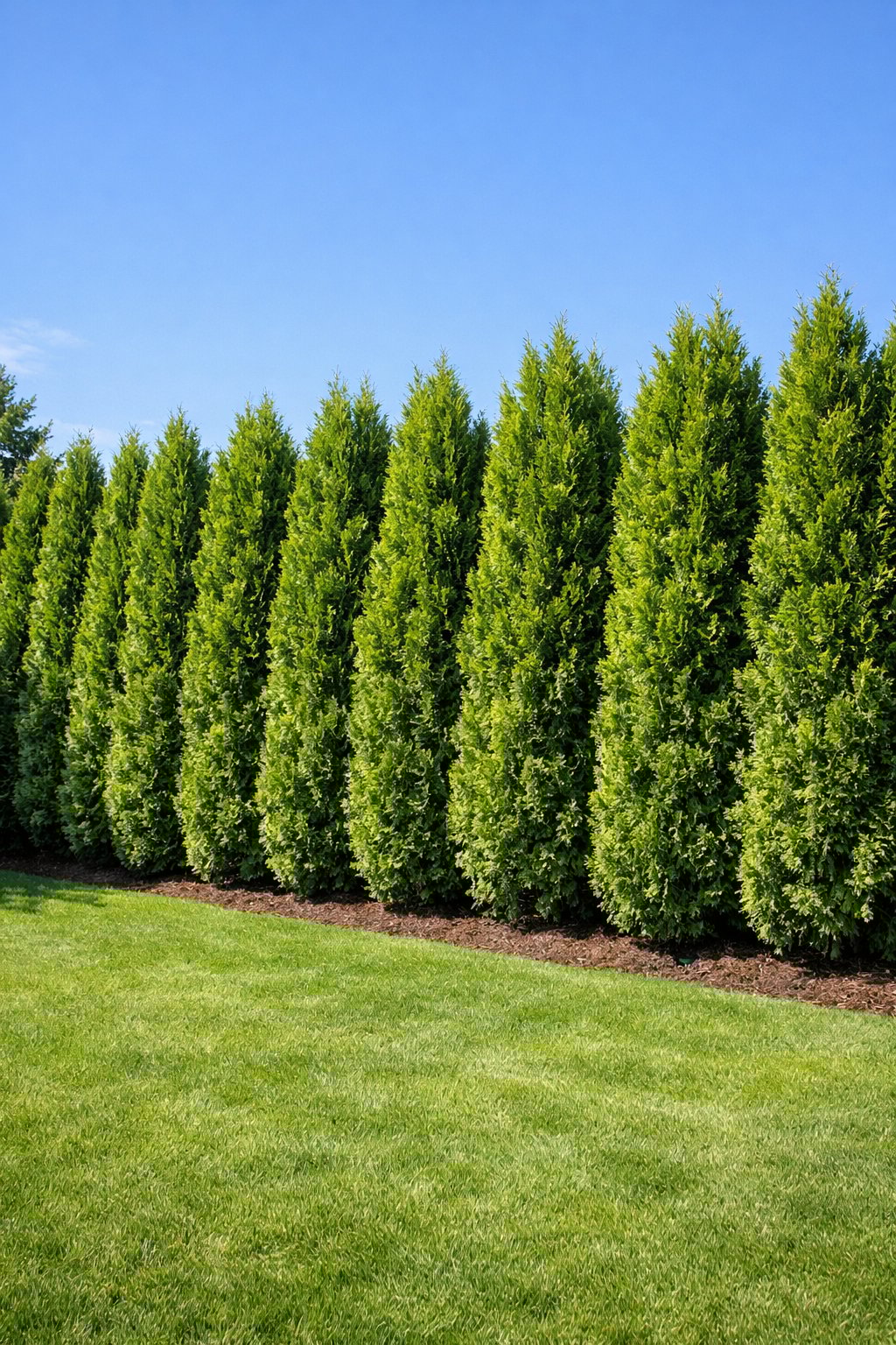 A backyard with dense rows of tall green Arborvitae trees forming a privacy hedge along a well-kept lawn.