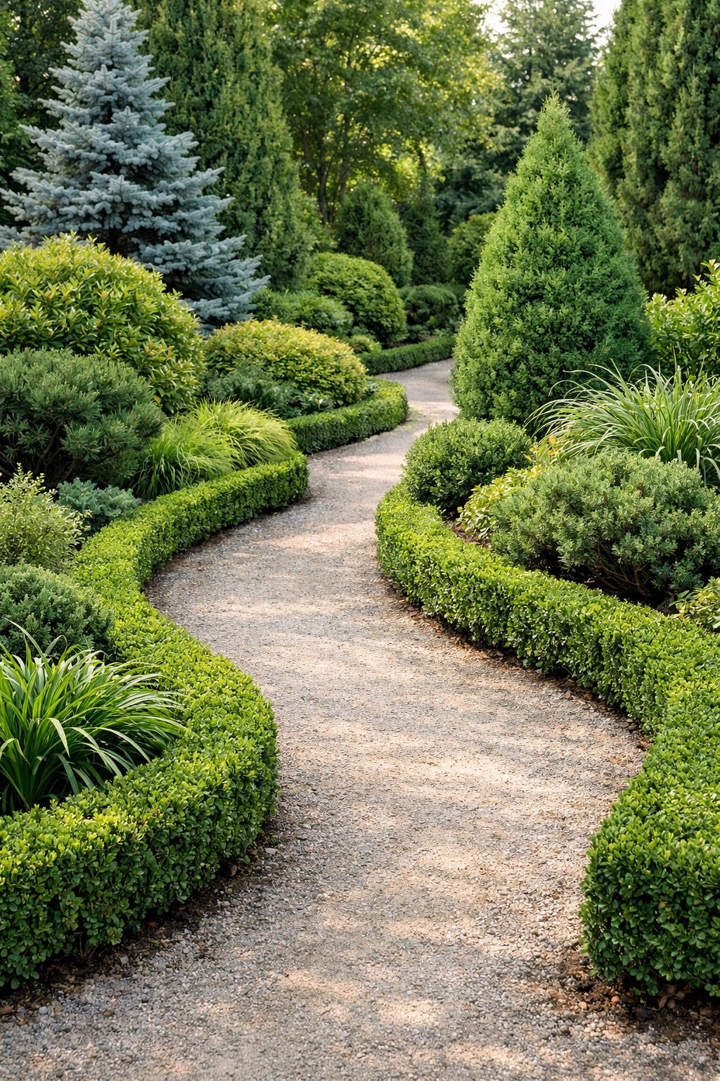 A garden path bordered by low boxwood shrubs surrounded by evergreen plants and greenery.