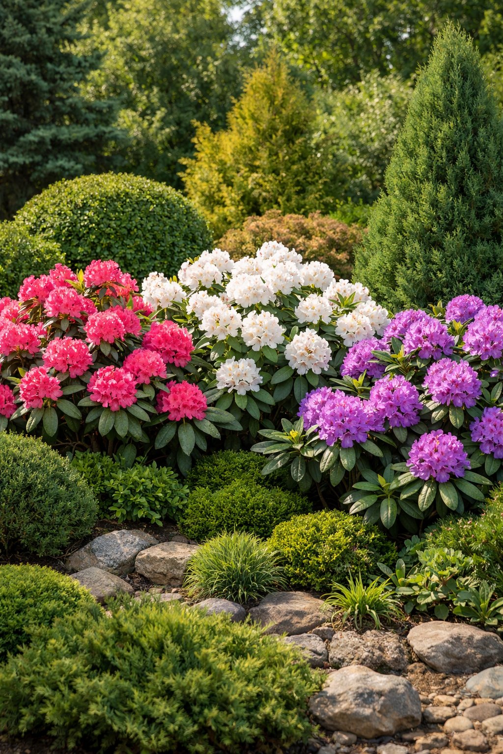 A garden with blooming rhododendron plants surrounded by evergreen shrubs and vibrant spring flowers.