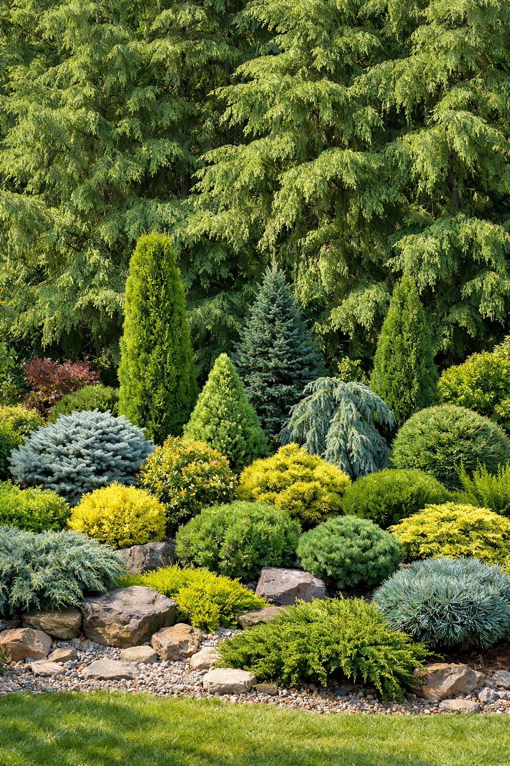 A garden with a dense backdrop of Canadian Hemlock trees and various evergreen plants arranged in a peaceful outdoor setting.