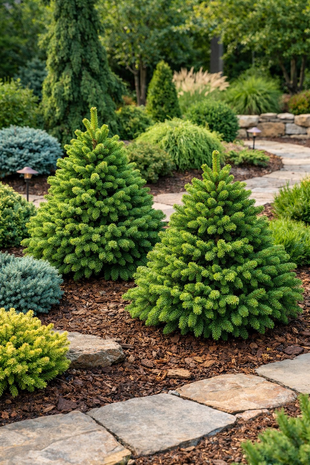 A garden landscape featuring dwarf spruce trees and various evergreen plants arranged with stone pathways and mulch beds.