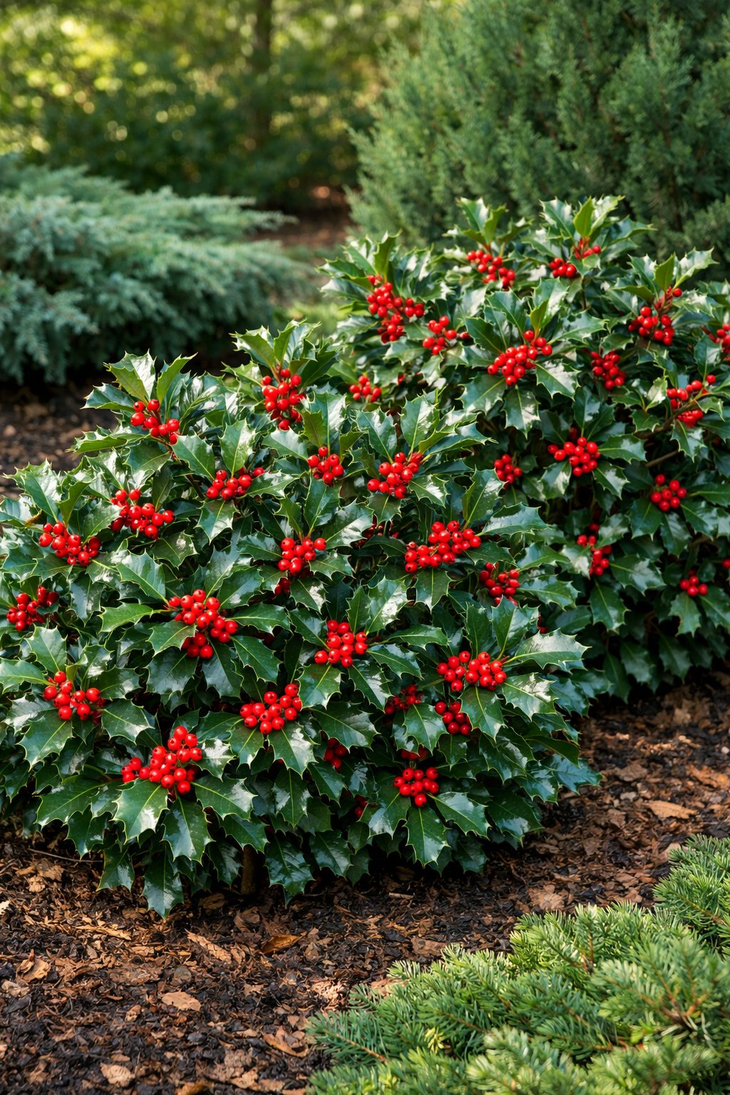 A garden with holly bushes displaying glossy green leaves and bright red berries surrounded by other evergreen plants.