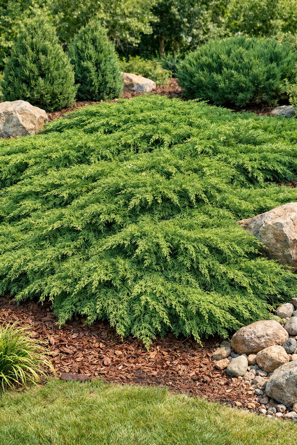 A garden slope covered with dense green creeping junipers acting as groundcover to prevent soil erosion.