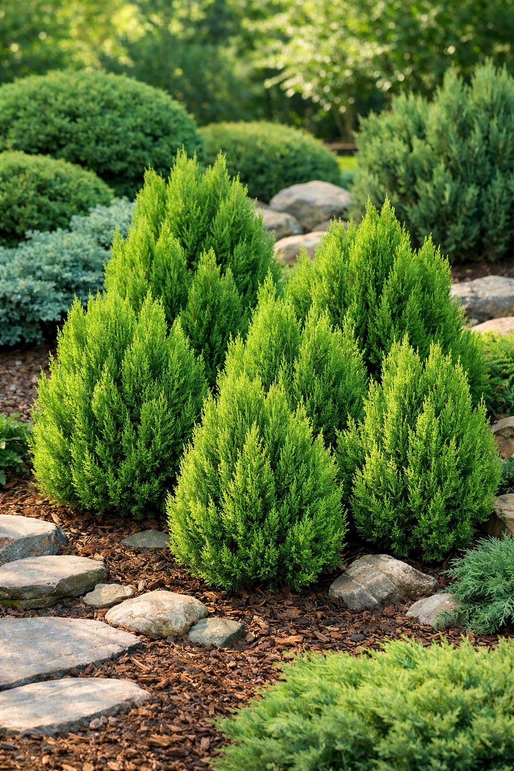 A garden scene with clusters of needlepoint cypress shrubs surrounded by other evergreen plants and natural landscaping elements.