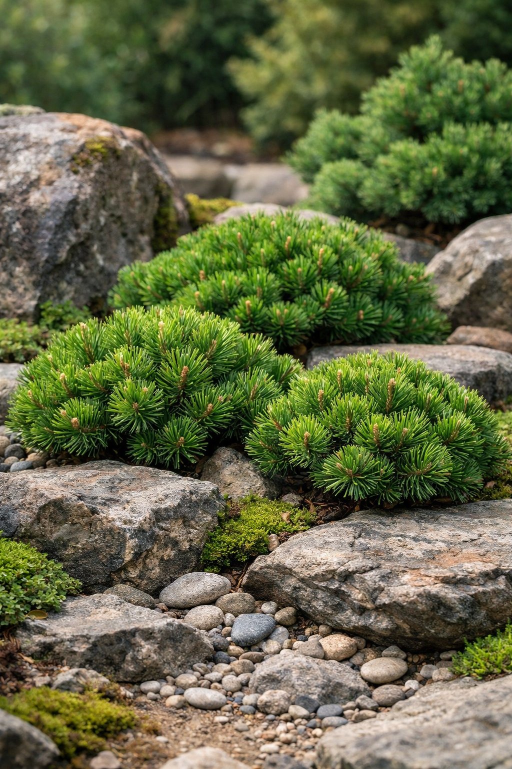 A rock garden with green Dwarf Mugo Pine shrubs growing among natural rocks and small plants.