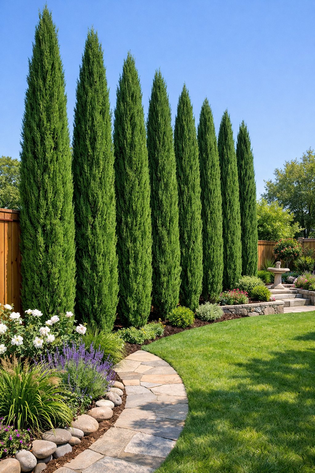 Tall Italian Cypress trees planted along a wooden fence in a green garden with lawn and flower beds.
