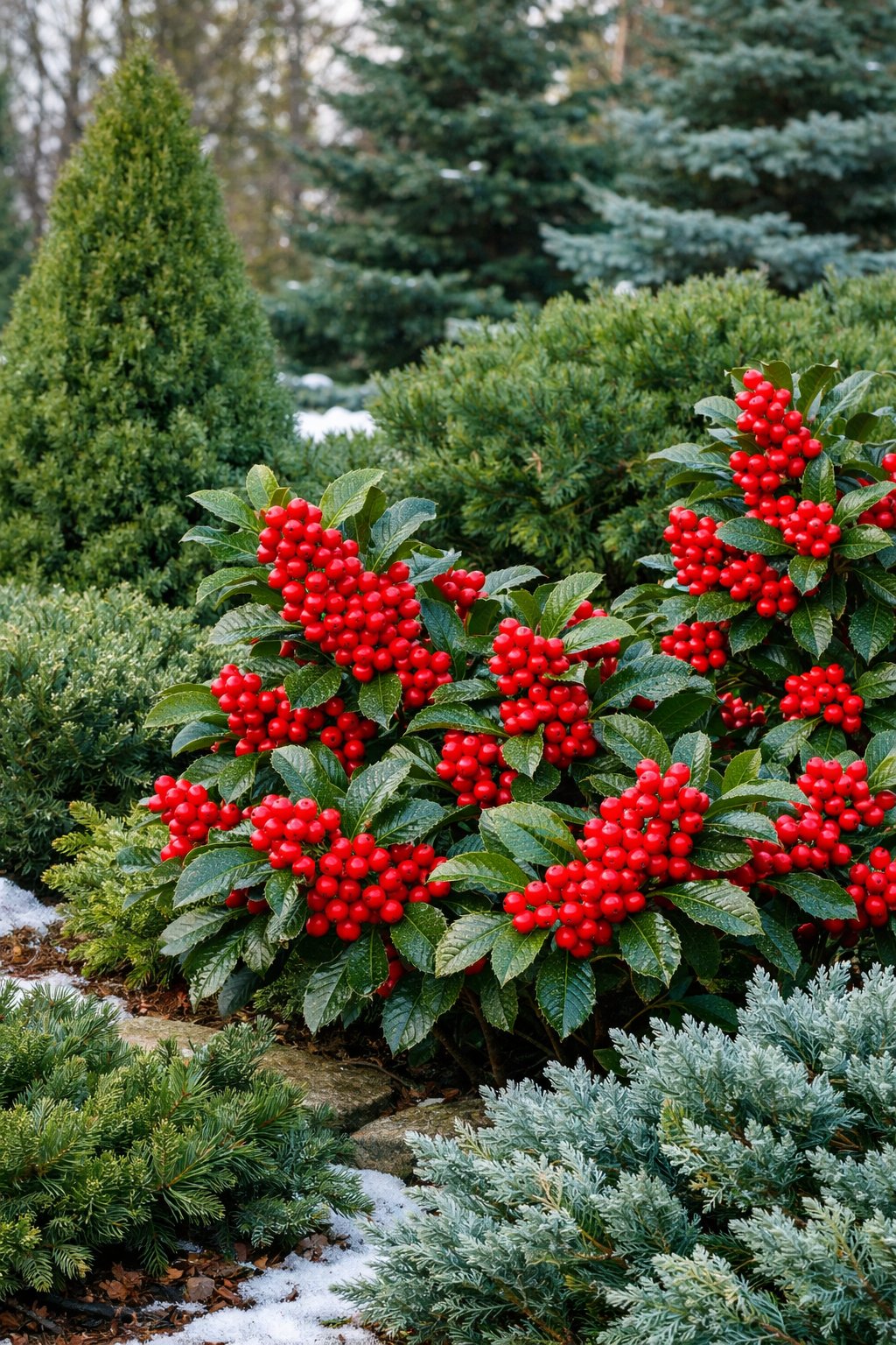 Evergreen landscape with green shrubs and trees accented by bright red Winterberry holly berries in a winter garden.